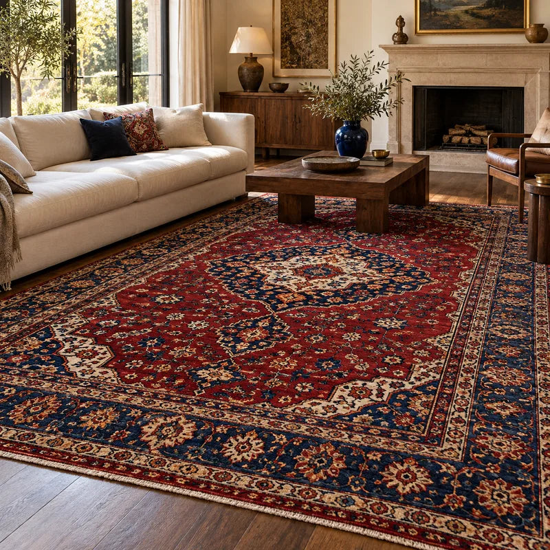 Red and navy Turkish-style medallion rug in a living room