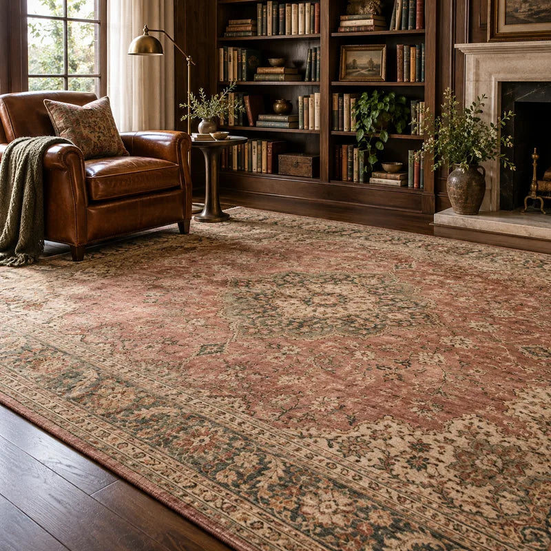 Faded rose vintage-style rug in a library reading room