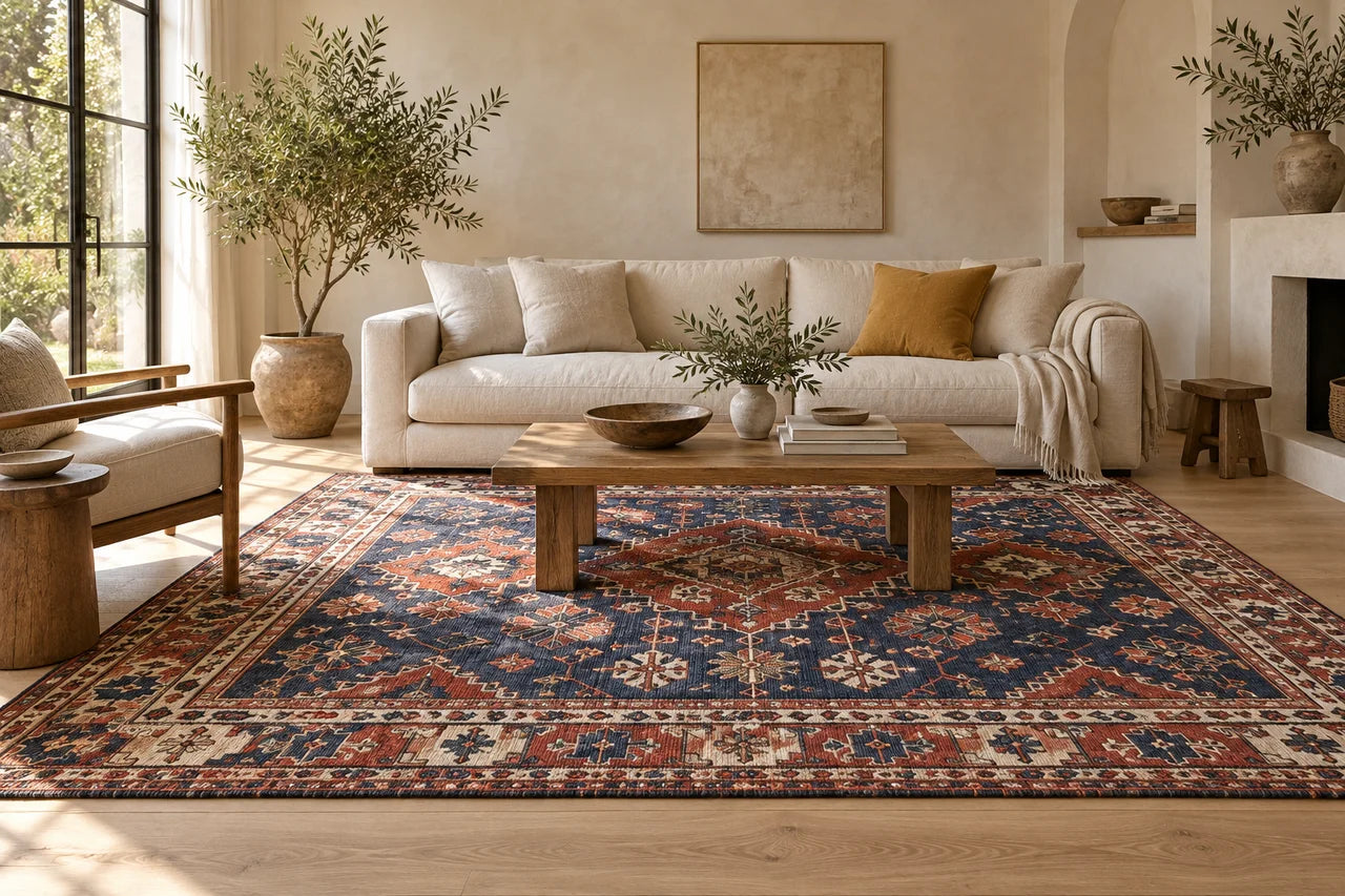 Indigo and brick red patterned rug in a neutral living room