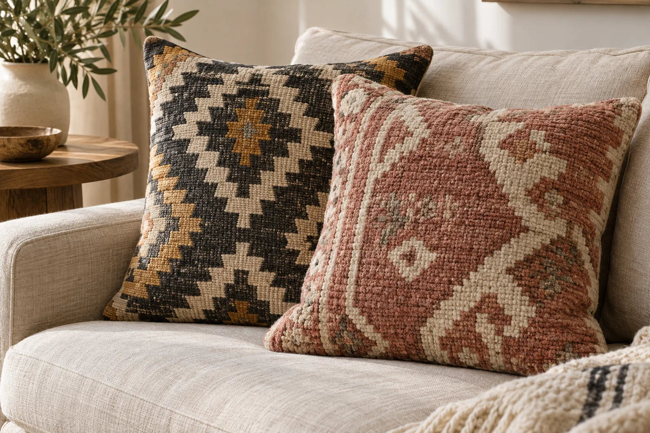Geometric woven and pile-texture cushion covers on a linen sofa