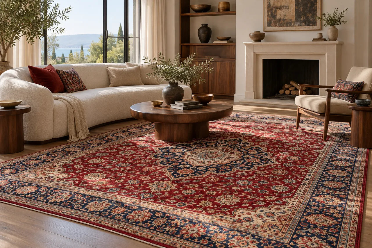 Ruby red and navy patterned rug in a bright living room